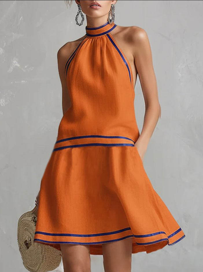 Striped Trim Halter Neck Fitted Midi Dress