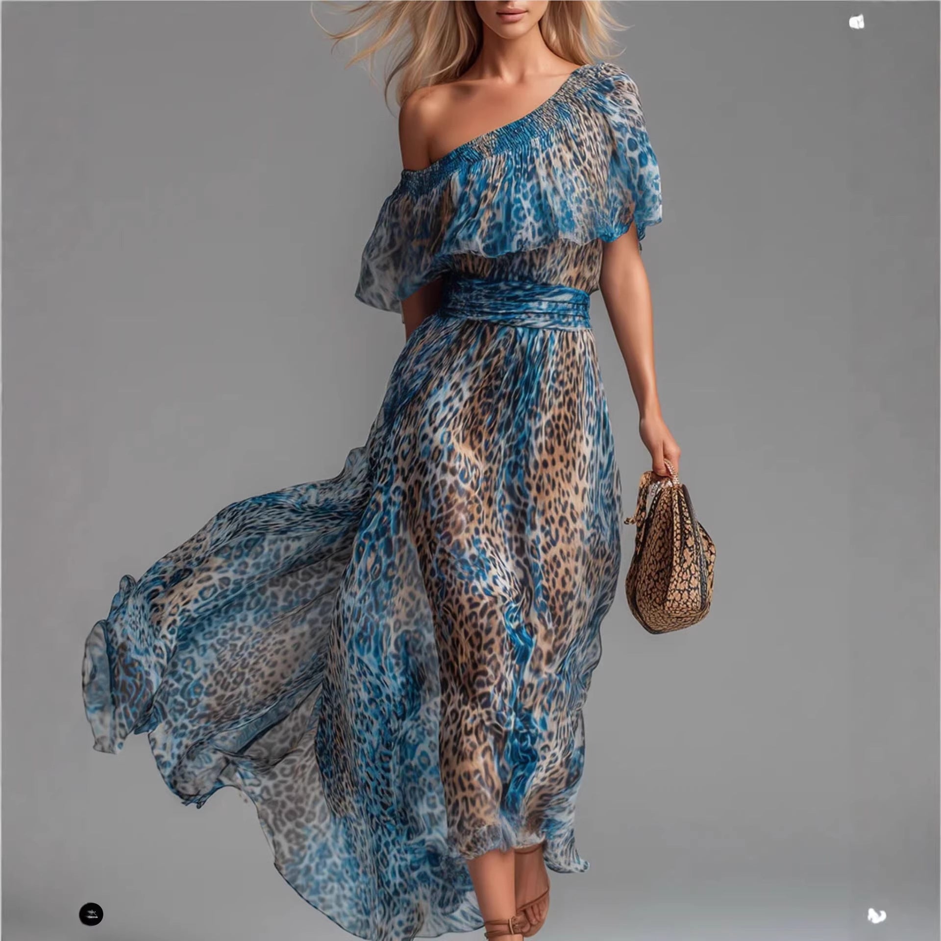 Leopard Print Asymmetric Shoulder Ruffle Maxi Dress