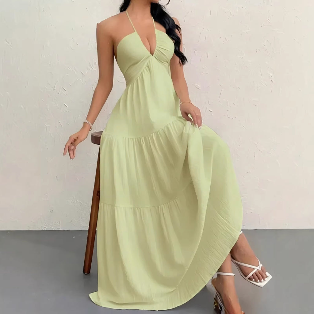 Solid Colour Halter Neck Backless Tie-Up Maxi Dress
