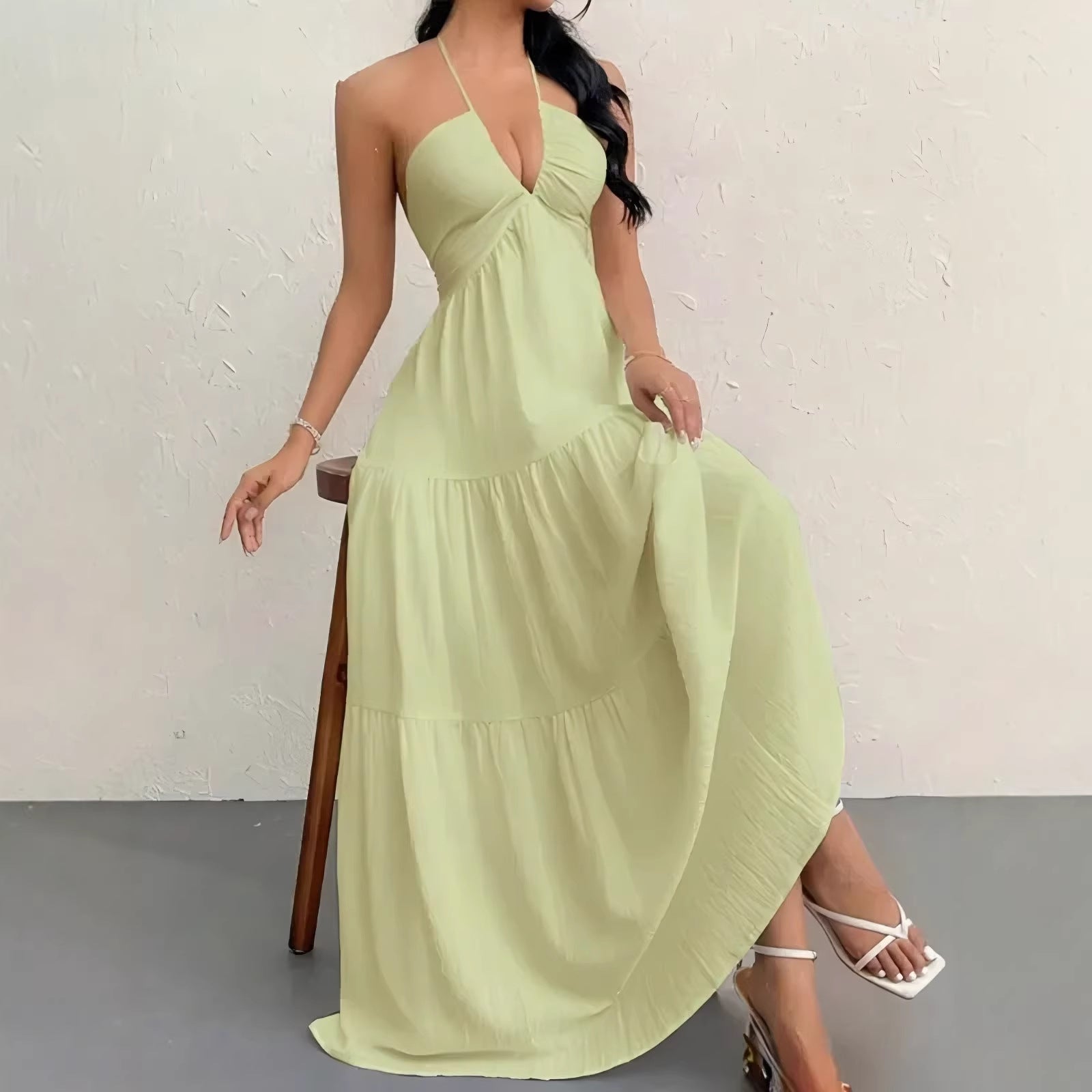 Solid Colour Halter Neck Backless Tie-Up Maxi Dress