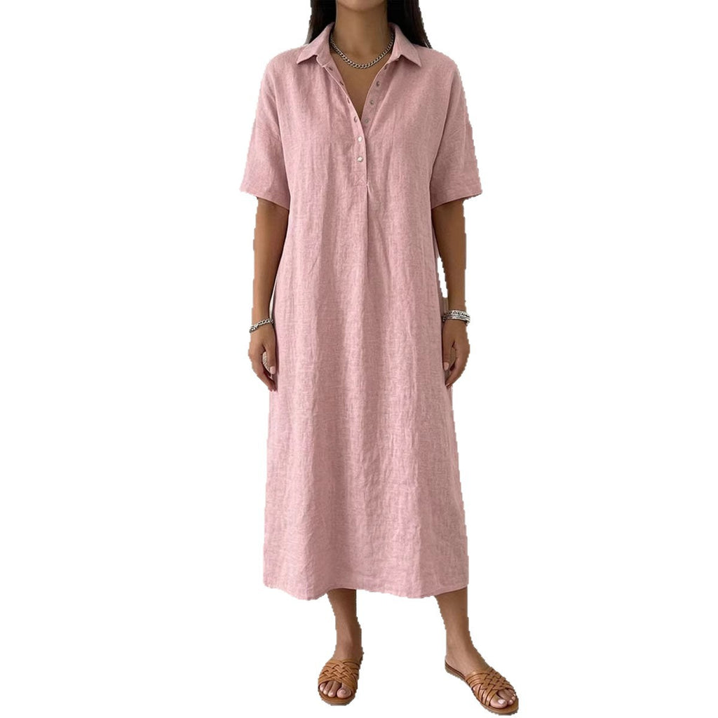 Casual Straight Fit Linen Short Sleeve Polo Neck Dress