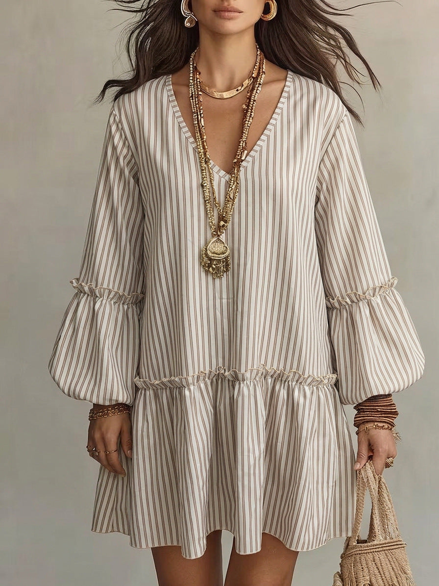 Stripe Print V-Neck Lantern Sleeve A-Line Mini Dress