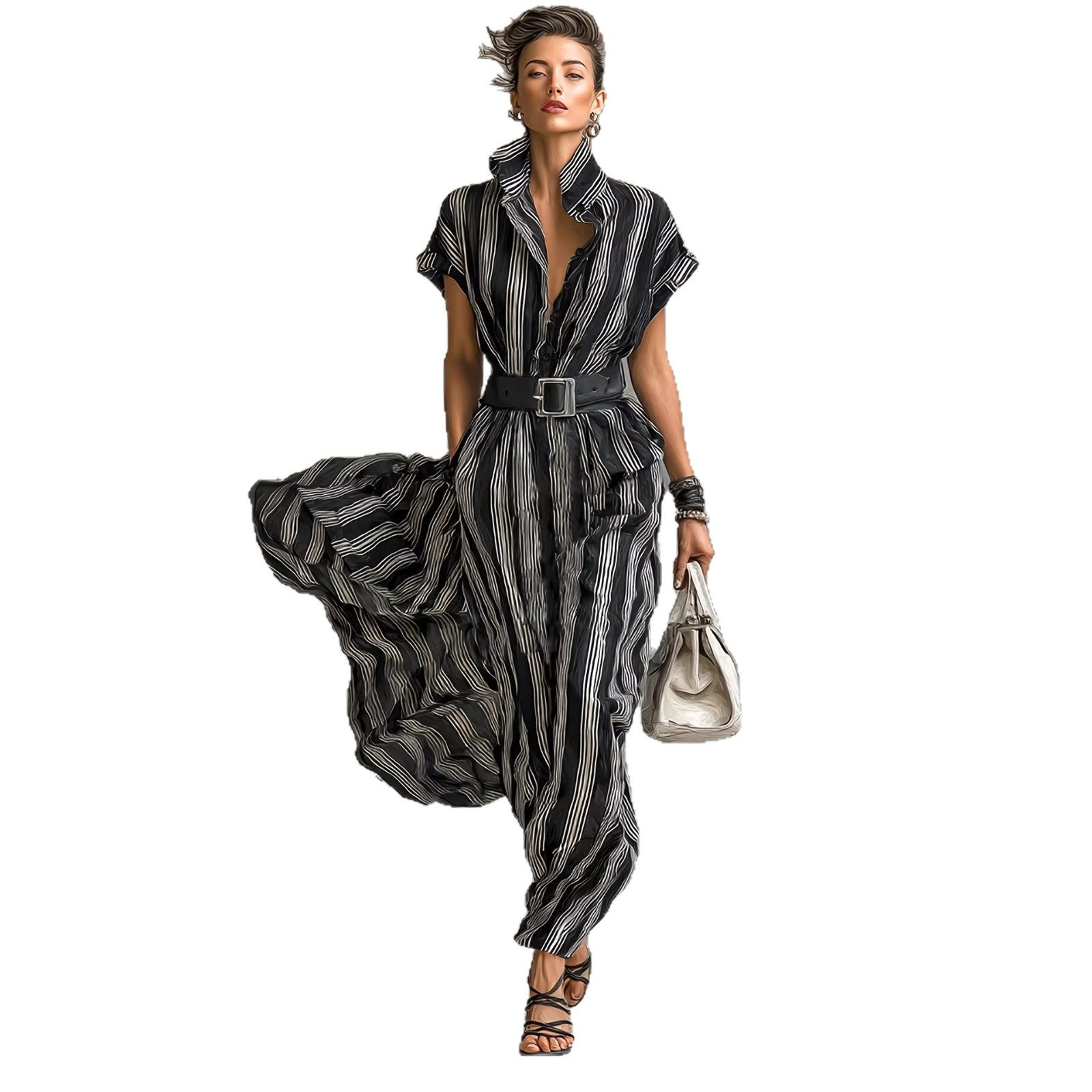 Black & White Striped High-Waist Button Shirt Dress