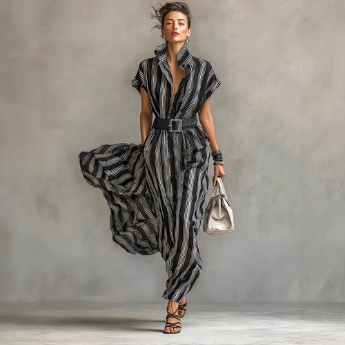 Black & White Striped High-Waist Button Shirt Dress