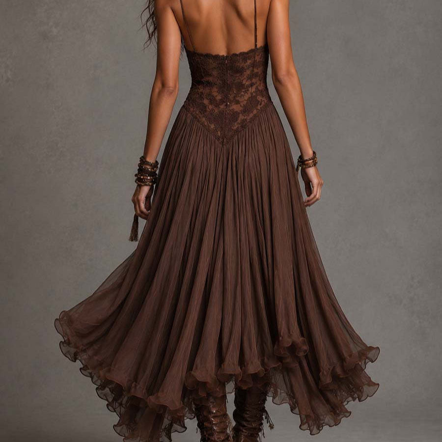 Chiffon Printed Strap Fitted Vintage Flowy Maxi Dress