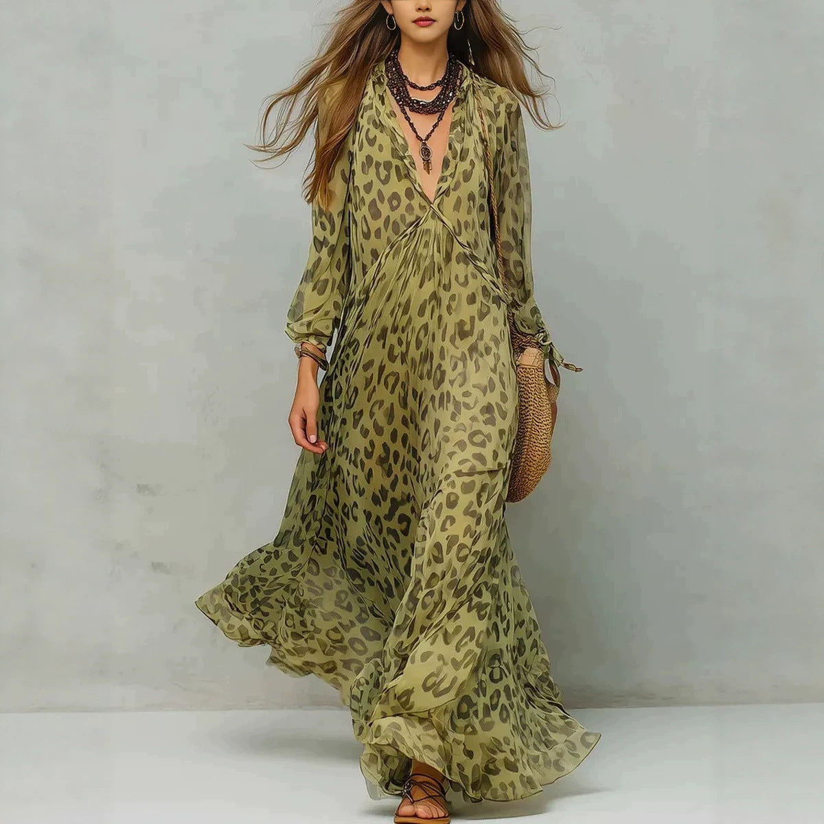 Leopard Print Deep V-Neck Three-Quarter Sleeve Beach Maxi Dress