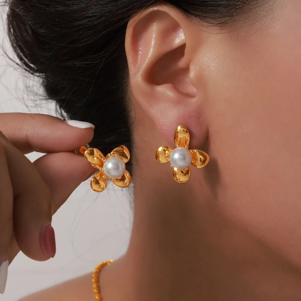 Synthetic Pearl Flower Earrings in Titanium Steel