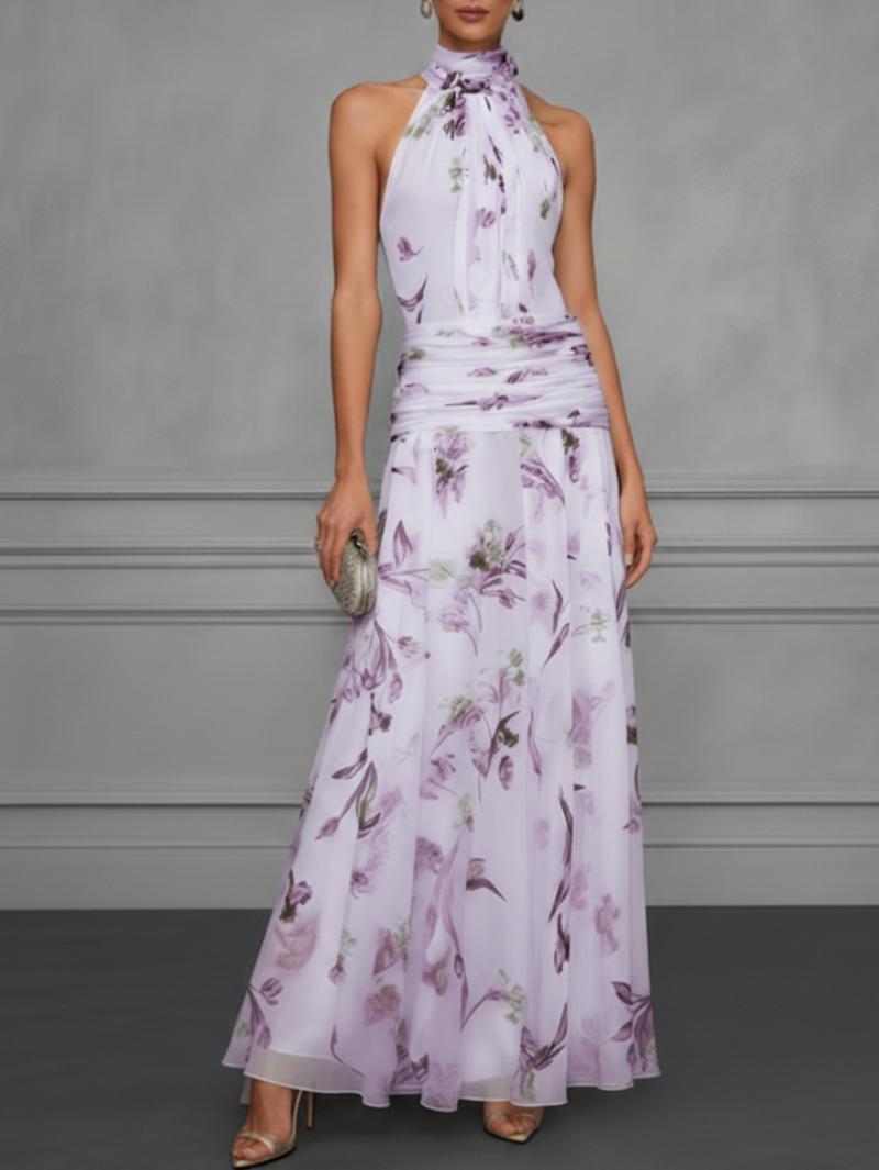 Printed Halter Neck Fitted Maxi Dress