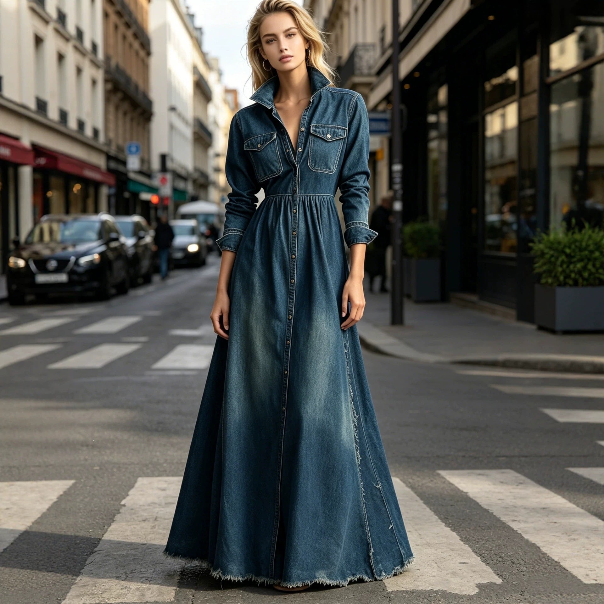 Waist-Slimming Retro Long Sleeve Maxi Dress