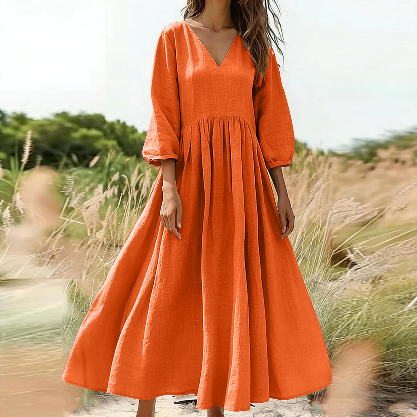 V-Neck Pleated Flowy Midi Dress