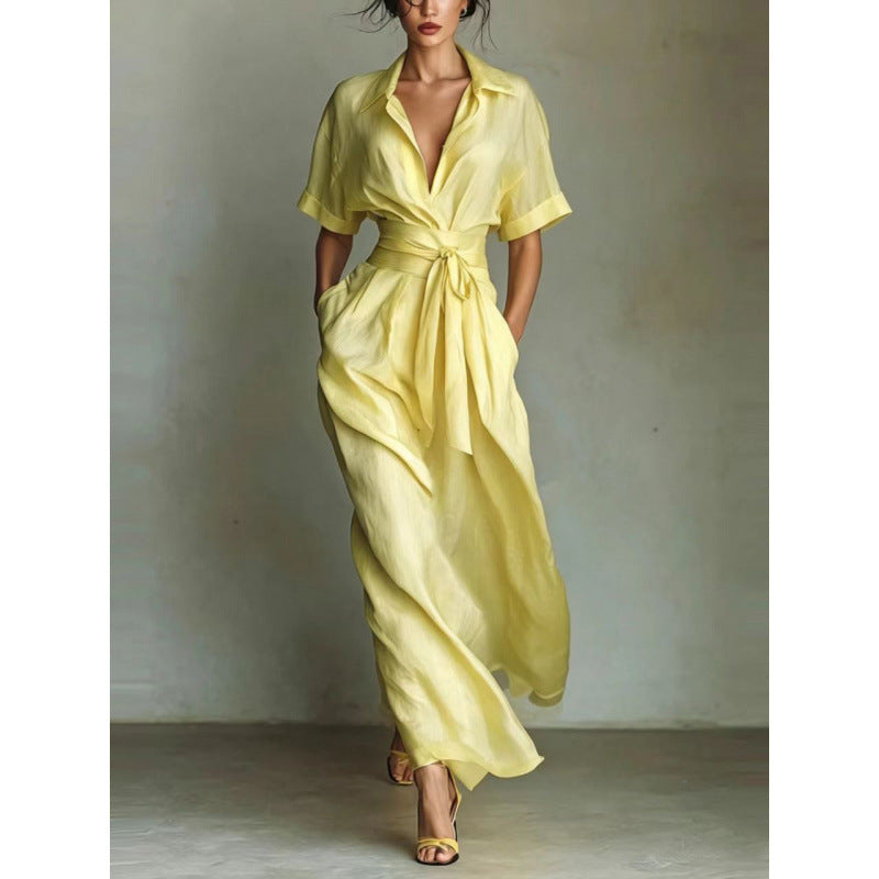 Wide Collar Three-Quarter Sleeve Waist-Defining Maxi Dress