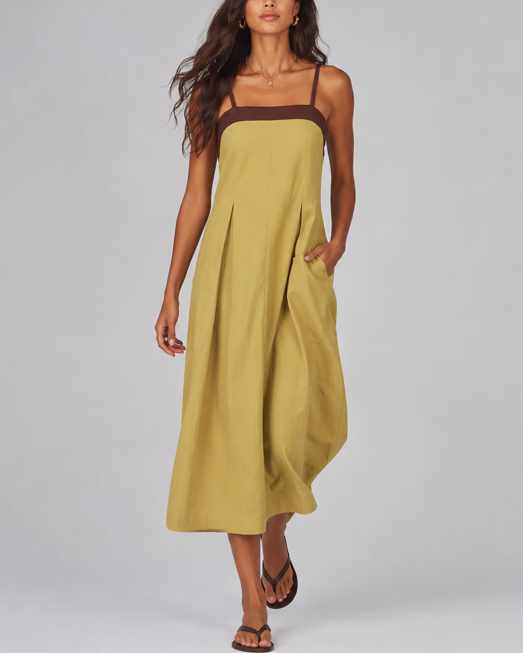 Colour-Block Loose Large Pocket Spaghetti Strap Maxi Dress
