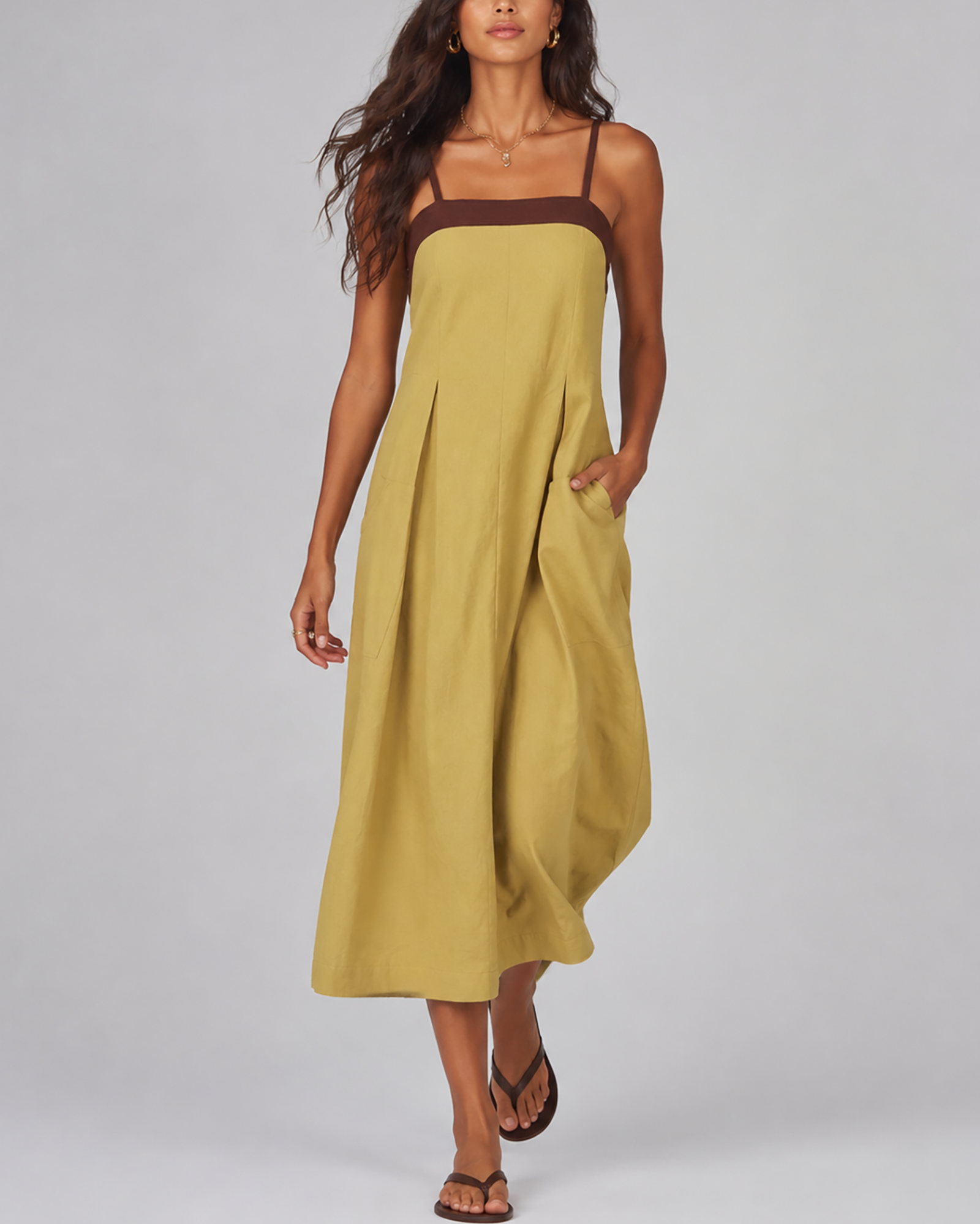Colour-Block Loose Large Pocket Spaghetti Strap Maxi Dress