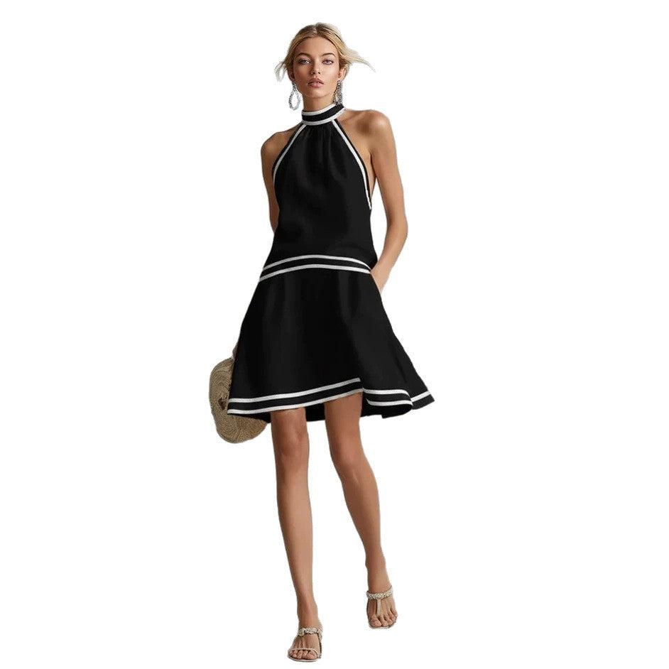 Striped Trim Halter Neck Fitted Midi Dress