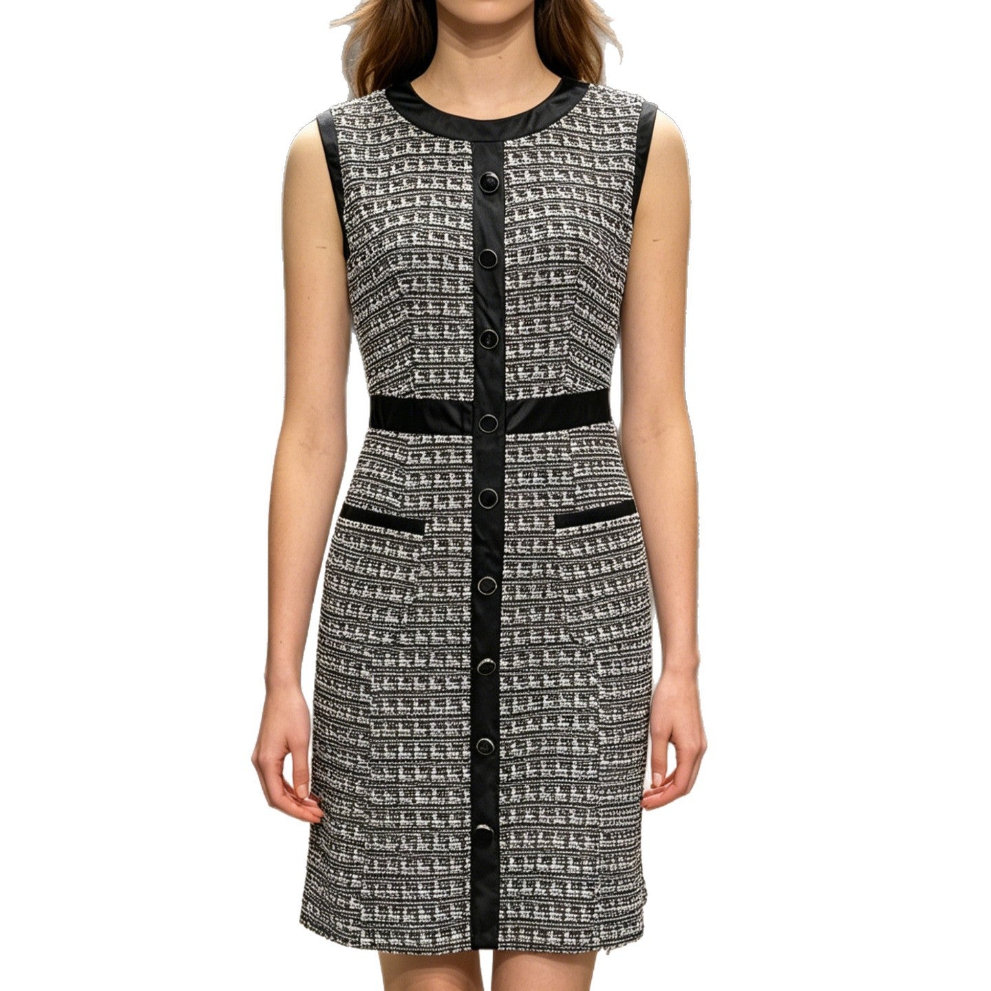 Vintage Leather Trim Tweed Vest A-Line Skirt Dress