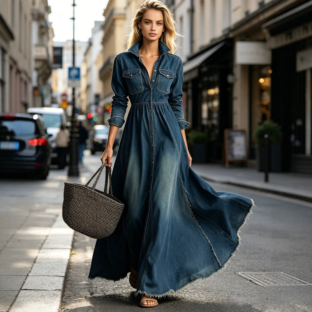Retro Elegant Fitted Long Sleeve Denim Flared Dress