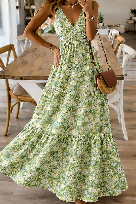 Floral Print Sleeveless Round Neck Smocked Waist Midi Dress