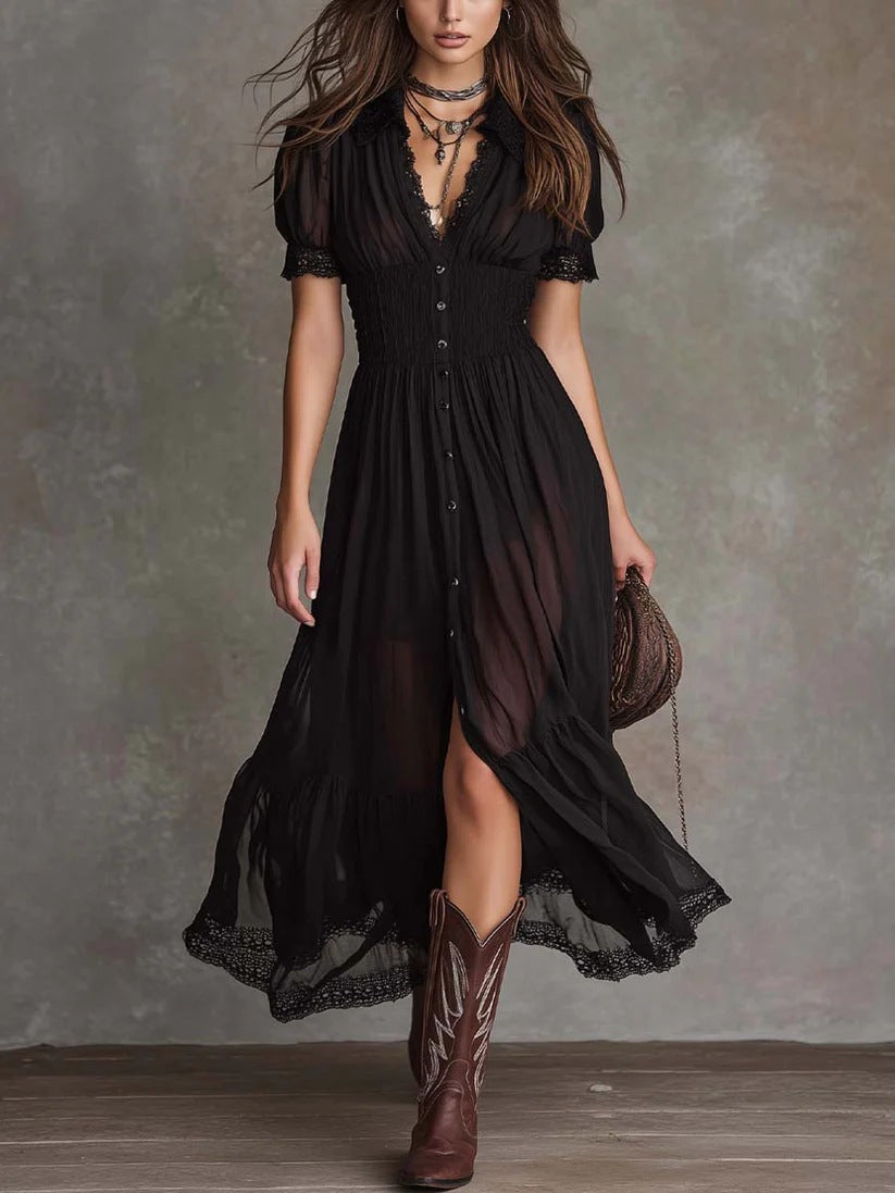 Cropped V-Neck Ruffled Hem Side Slit Bodycon Maxi Dress