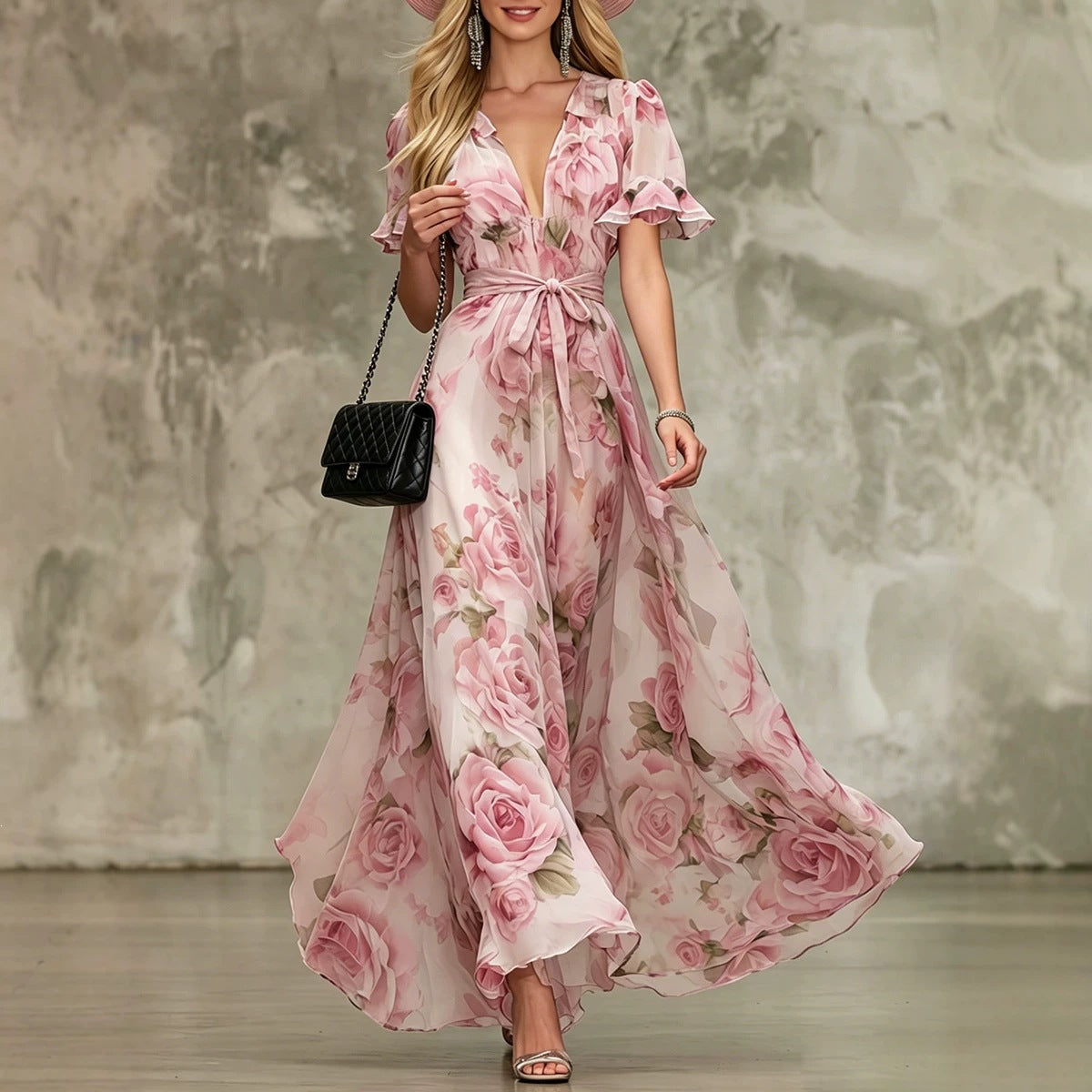 Ruffle Sleeve Deep V-Neck Printed Maxi Dress