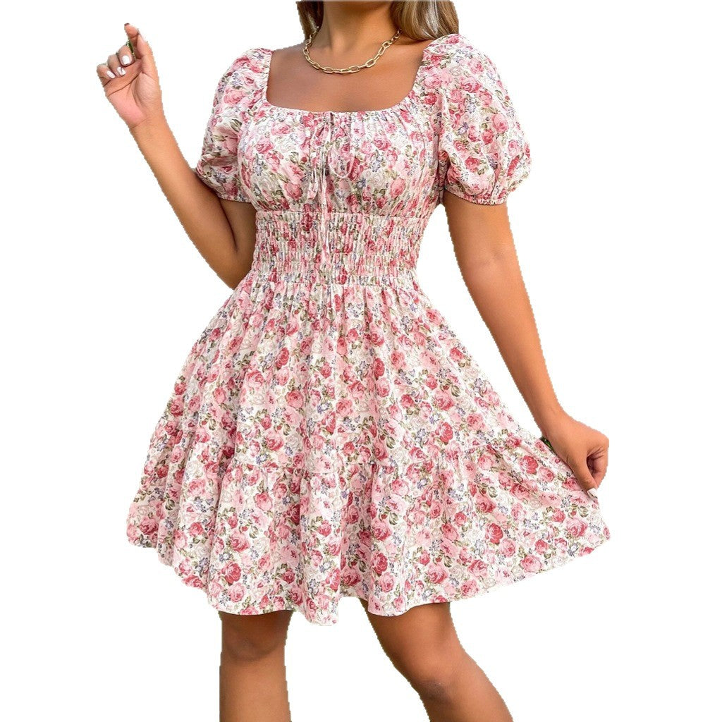 Floral Print Sleeveless Square Neck Smocked Waist Midi Dress