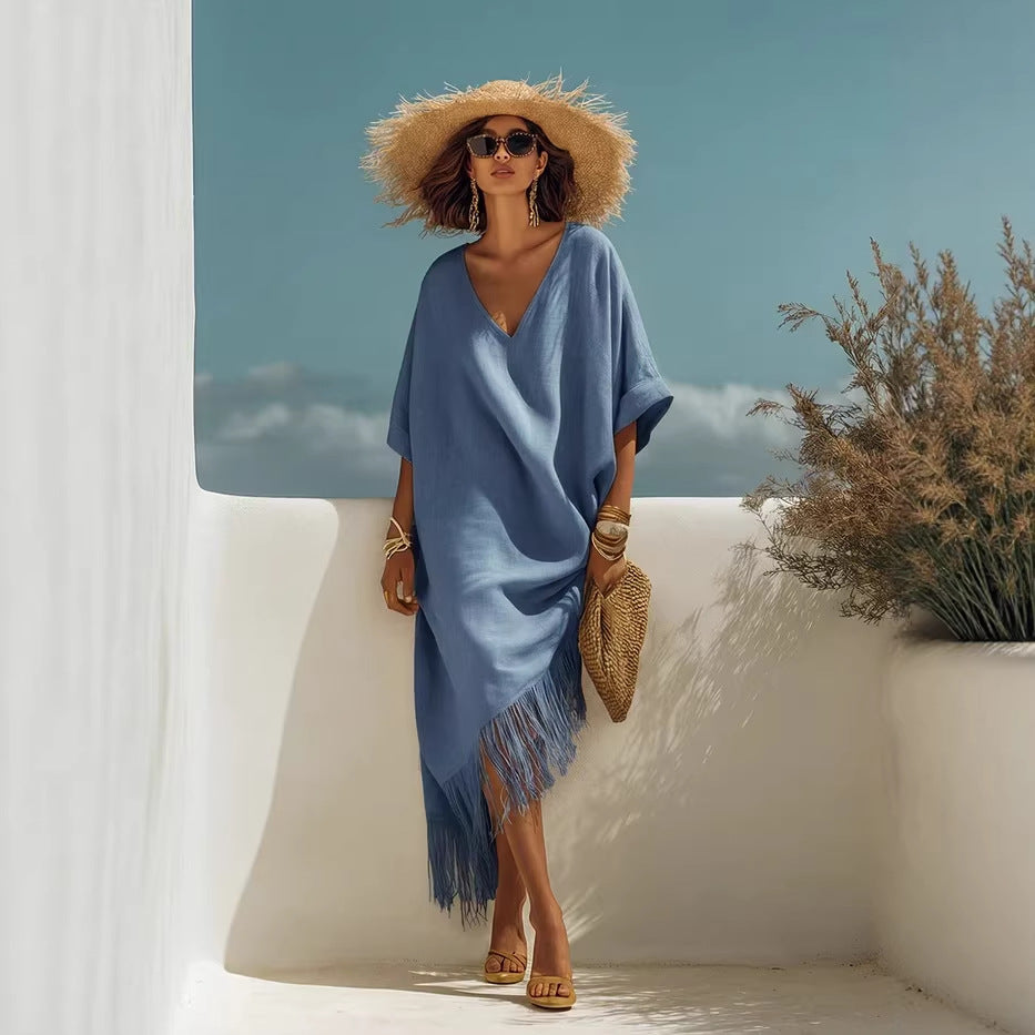 Freizeitkleid mit V-Ausschnitt, Fransen und für den Strandurlaub