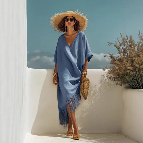 Freizeitkleid mit V-Ausschnitt, Fransen und für den Strandurlaub