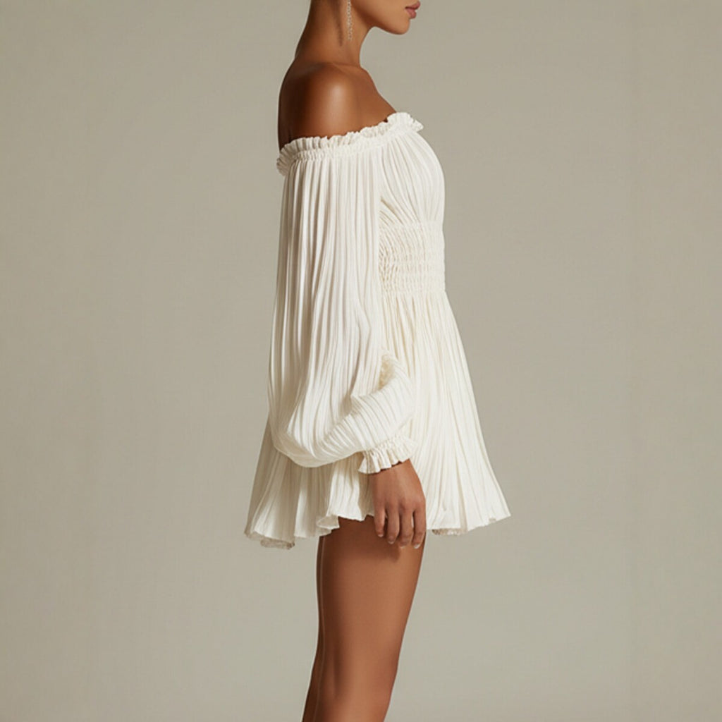 Elegant One-Shoulder Pleated Fitted Long Sleeve Dress