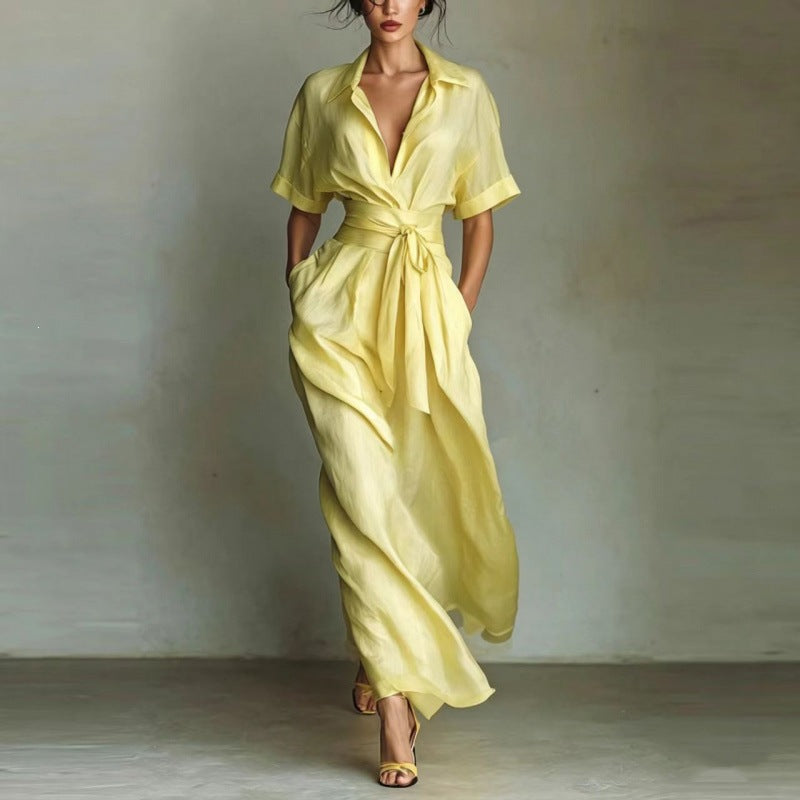Wide Collar Three-Quarter Sleeve Waist-Defining Maxi Dress