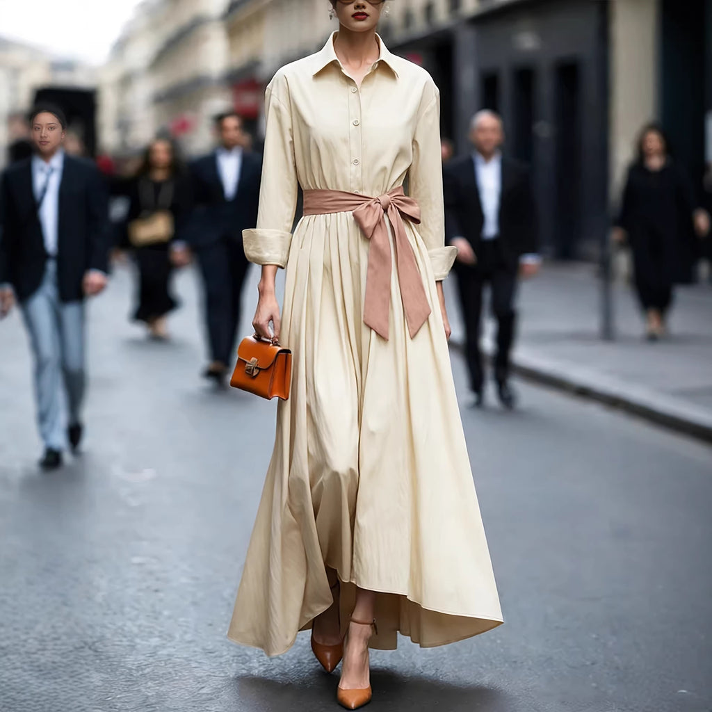 Polo Collar Long Sleeve Button-Front Maxi Dress