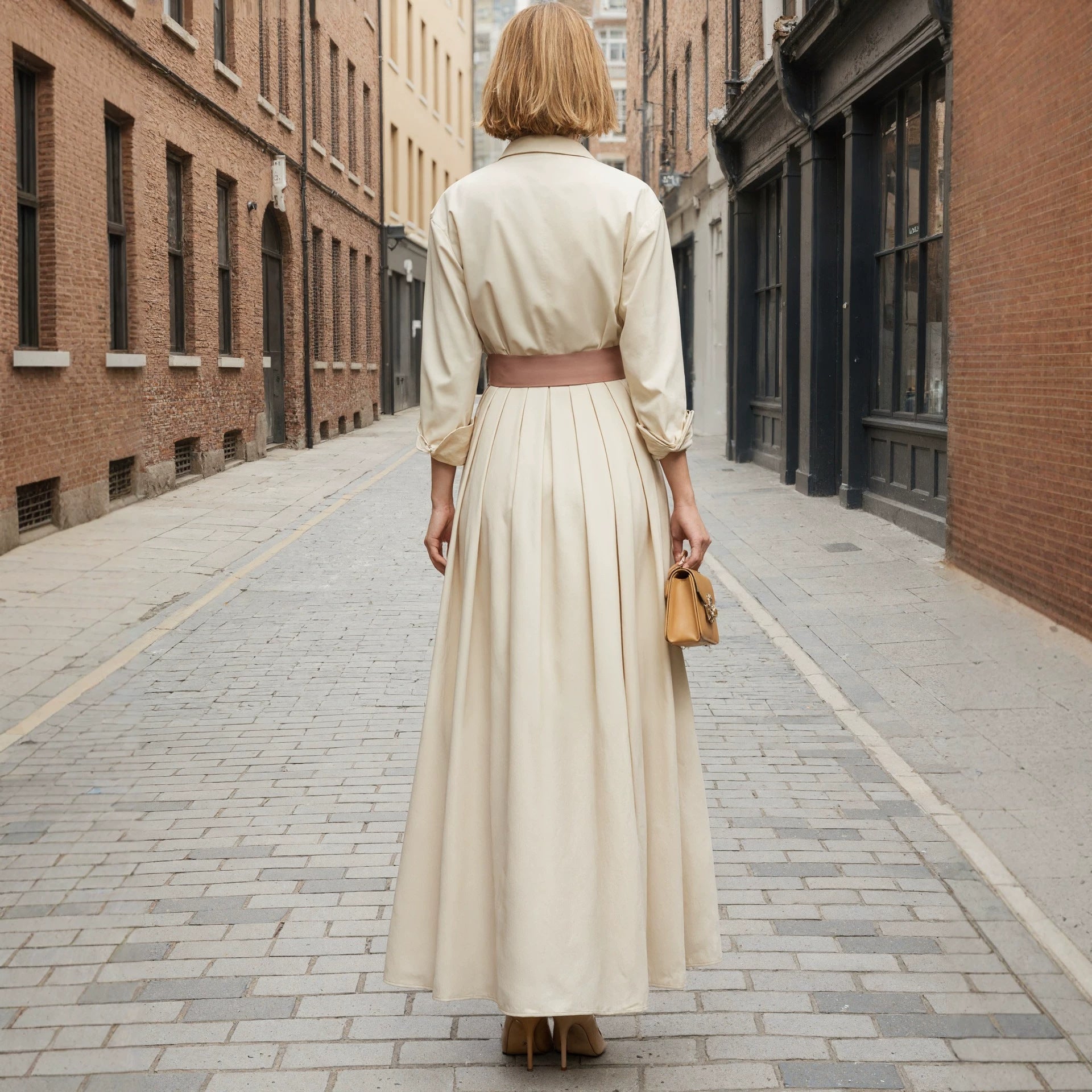 Polo Collar Long Sleeve Button-Front Maxi Dress