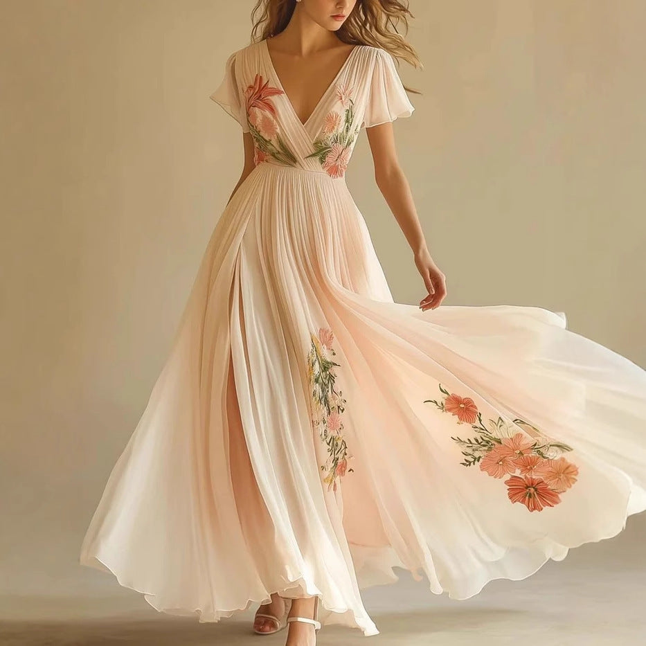 Bedrucktes langärmeliges Maxikleid mit Stehkragen