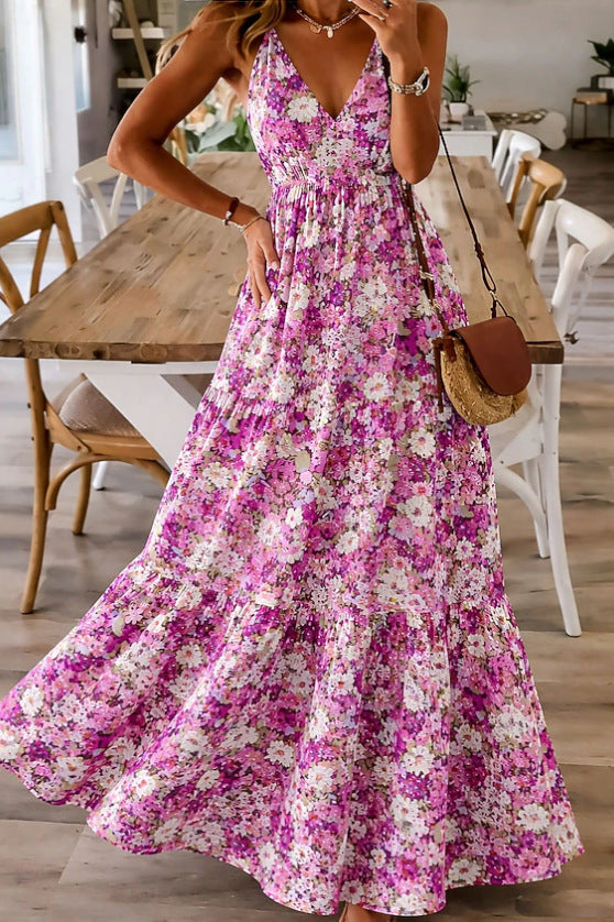 Vestido midi sin mangas con estampado floral, cuello redondo y cintura fruncida