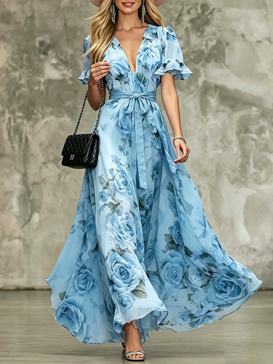 Ruffle Sleeve Deep V-Neck Printed Maxi Dress