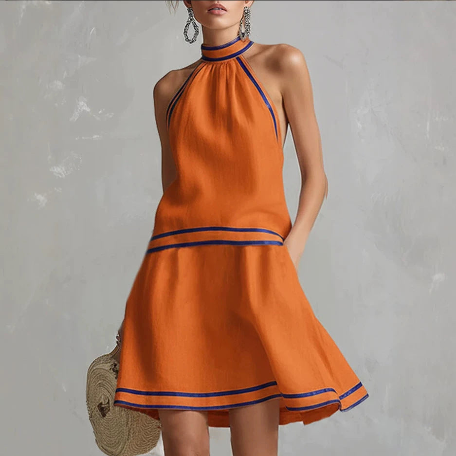 Striped Trim Halter Neck Fitted Midi Dress