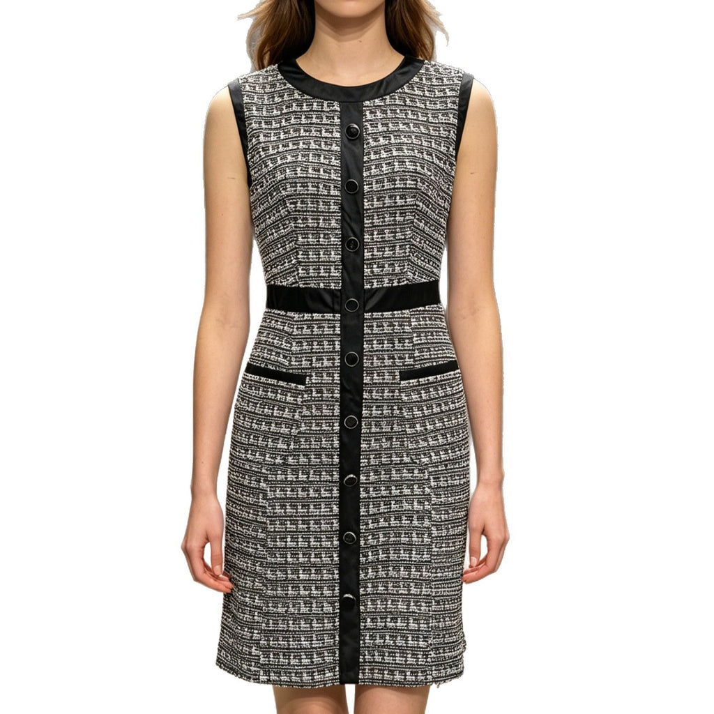 Vintage Leather Trim Tweed Vest A-Line Skirt Dress