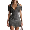 Tassel Off-Shoulder High-Waist Fitted Short Dress
