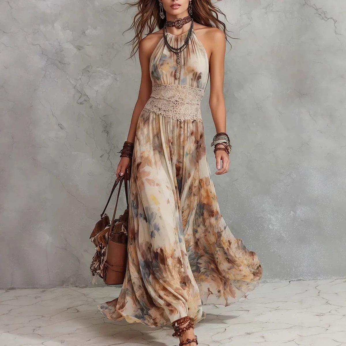 French Vintage Painted Floral Backless Strapless Beach Maxi Dress