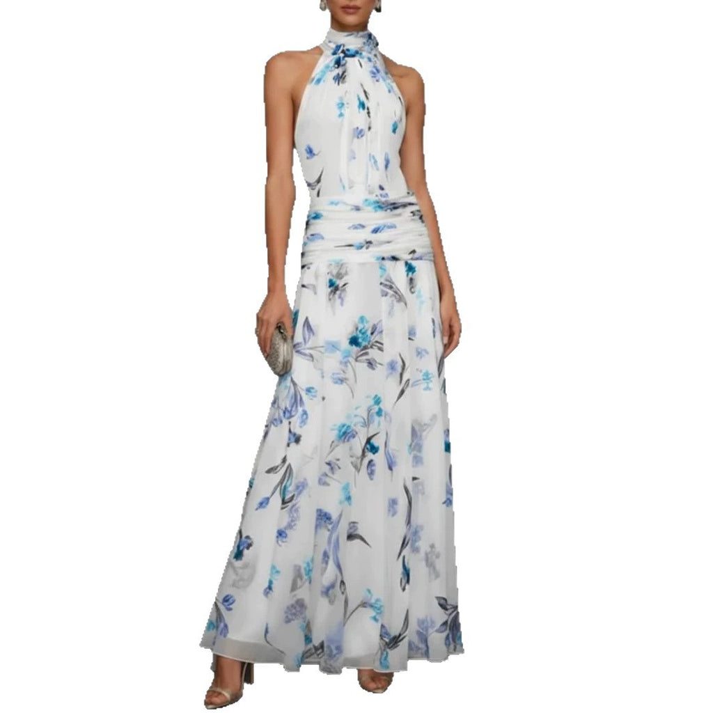Printed Halter Neck Fitted Maxi Dress
