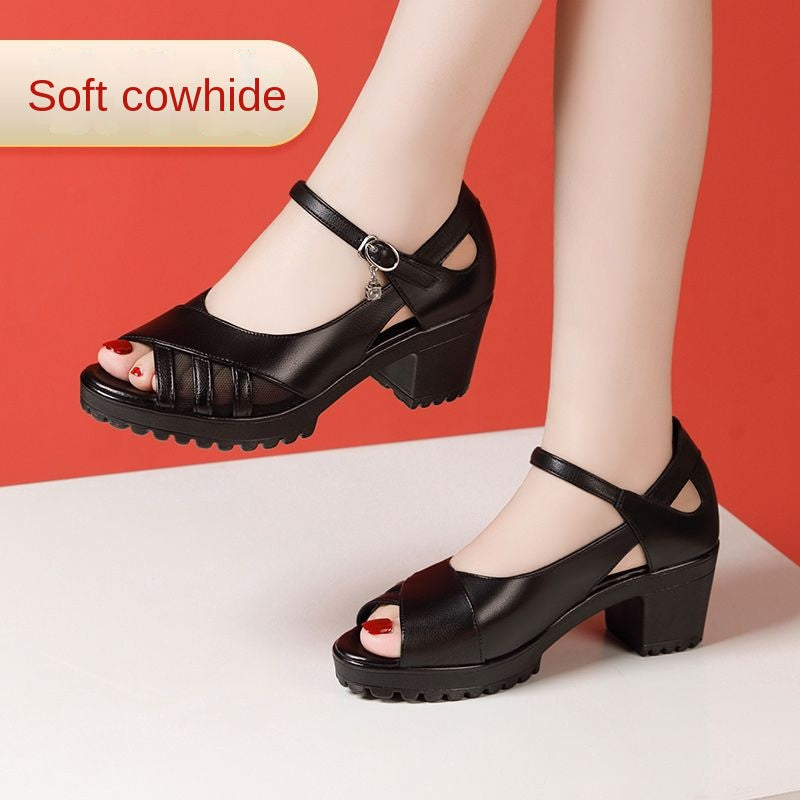 One-Strap Genuine Leather Chunky Heel Platform Sandals