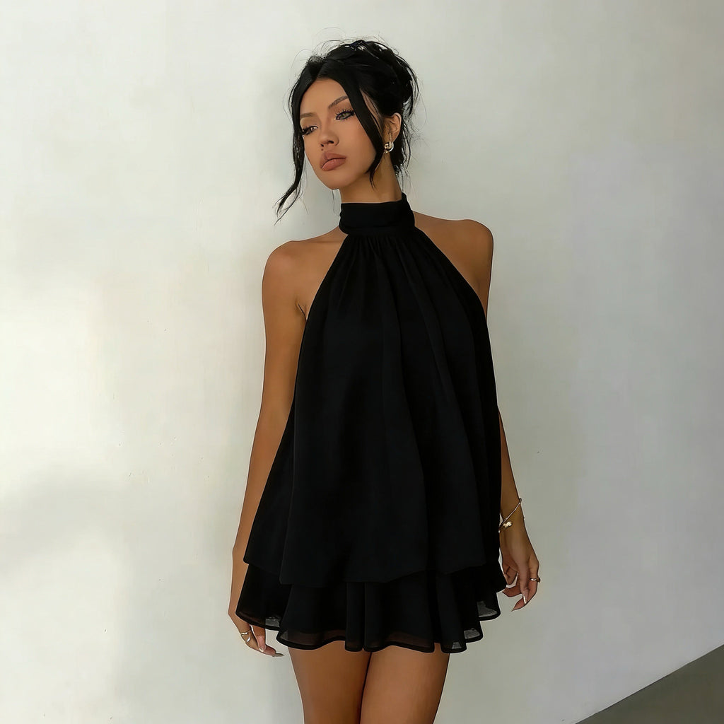 High-Waist Halter Neck Backless A-Line Short Dress