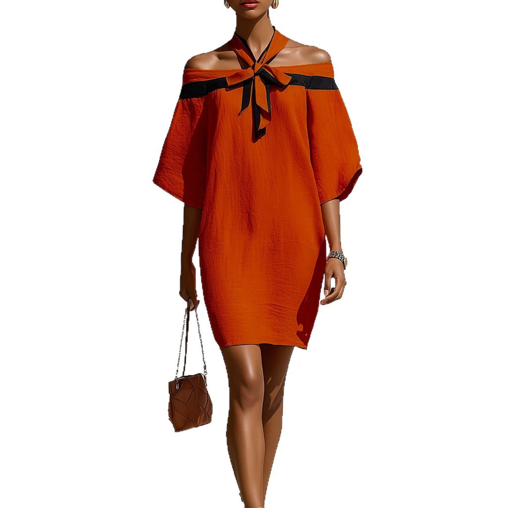One Shoulder Bow Collar Midi Dress