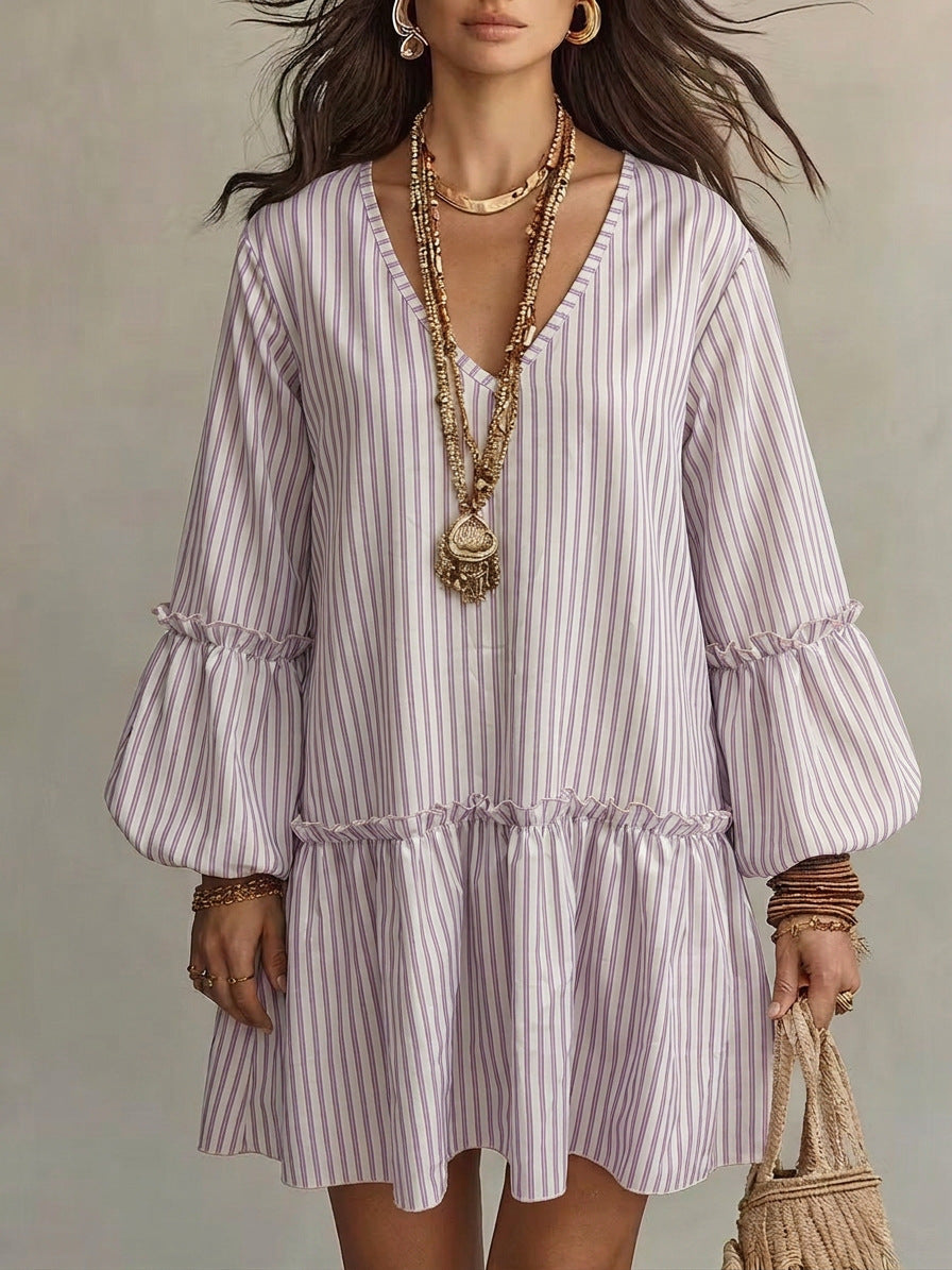 Stripe Print V-Neck Lantern Sleeve A-Line Mini Dress