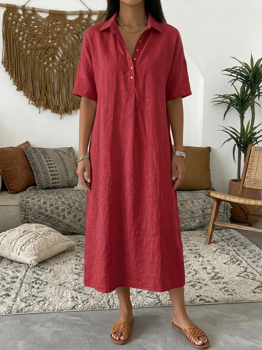 Casual Straight Fit Linen Short Sleeve Polo Neck Dress