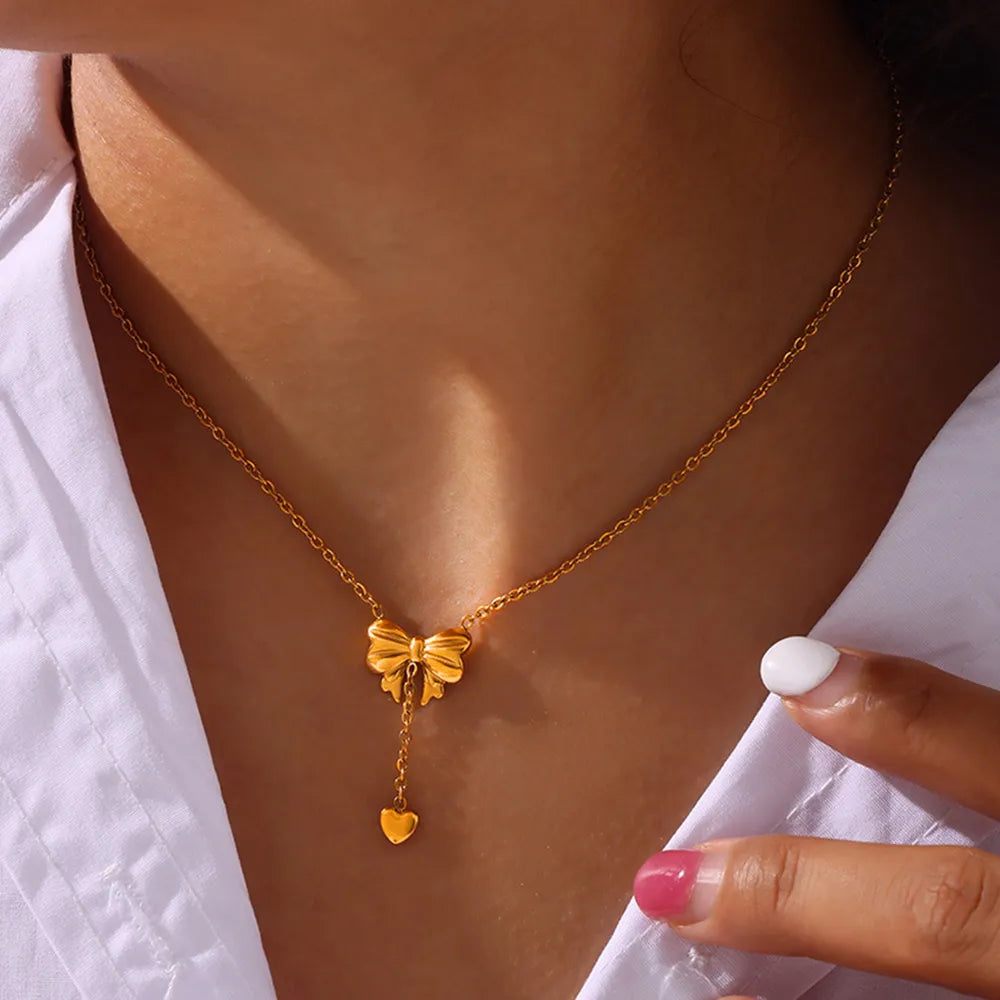 Gold Plated Bow Pendant Necklace in Titanium Steel