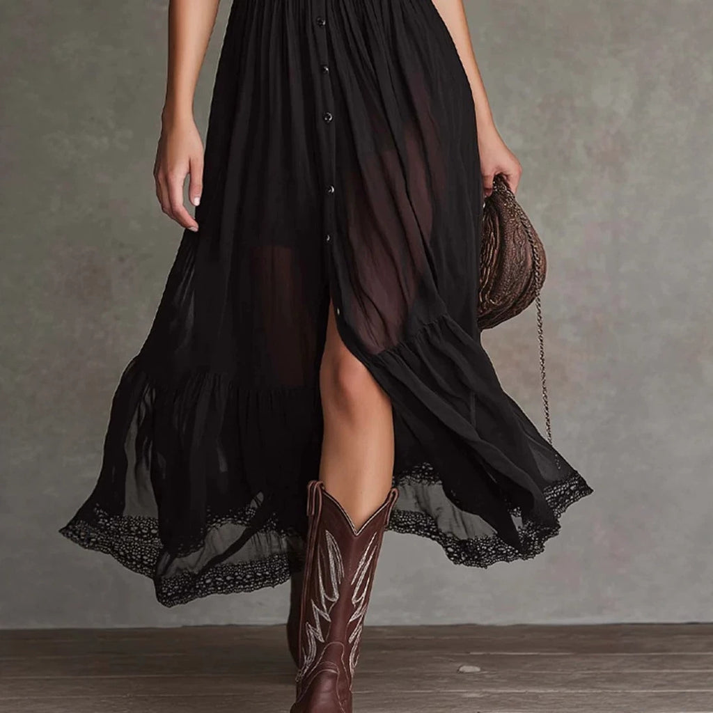 Cropped V-Neck Ruffled Hem Side Slit Bodycon Maxi Dress