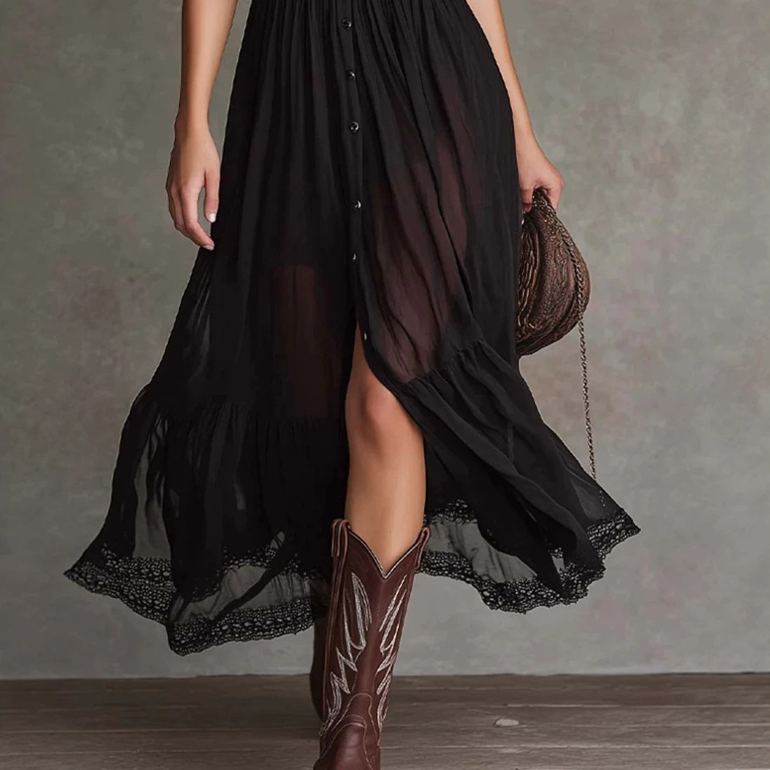 Cropped V-Neck Ruffled Hem Side Slit Bodycon Maxi Dress