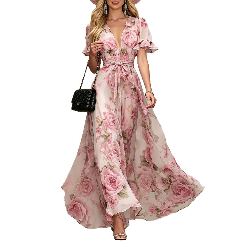 Ruffle Sleeve Deep V-Neck Printed Maxi Dress