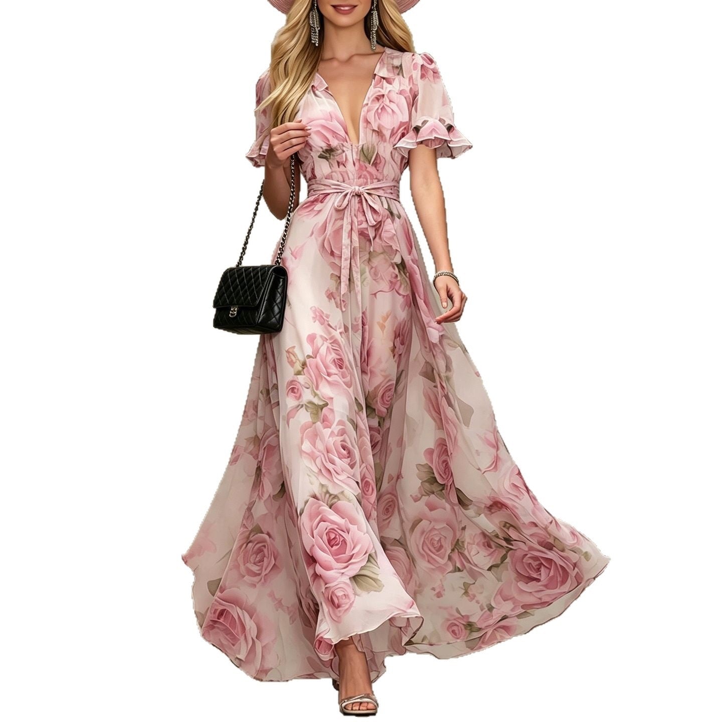 Ruffle Sleeve Deep V-Neck Printed Maxi Dress