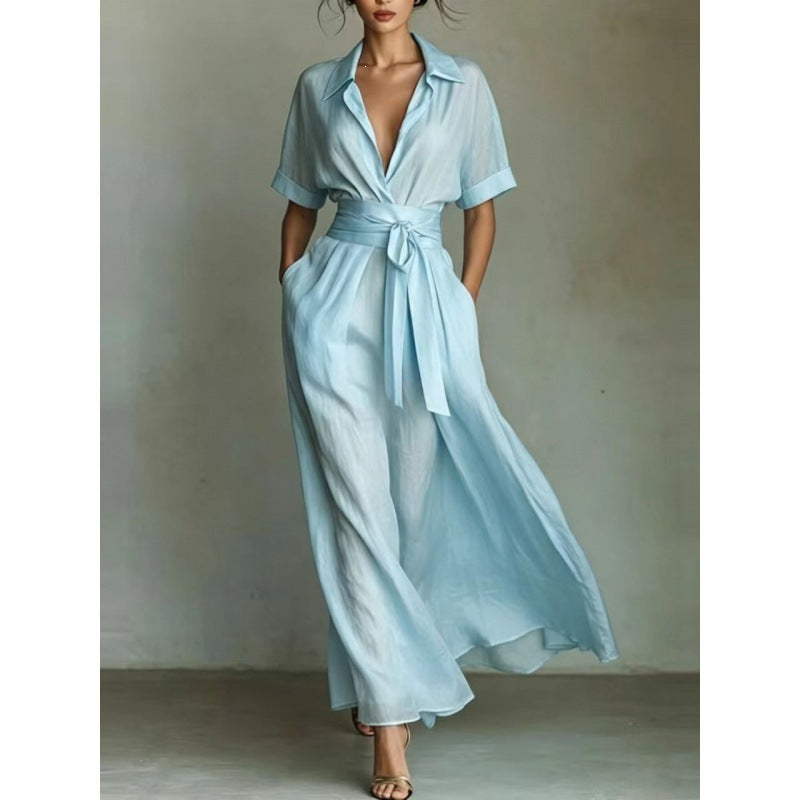 Wide Collar Three-Quarter Sleeve Waist-Defining Maxi Dress