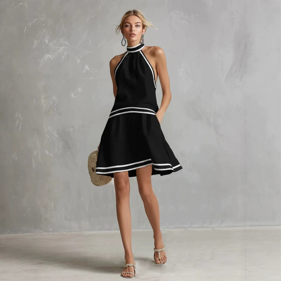 Striped Trim Halter Neck Fitted Midi Dress